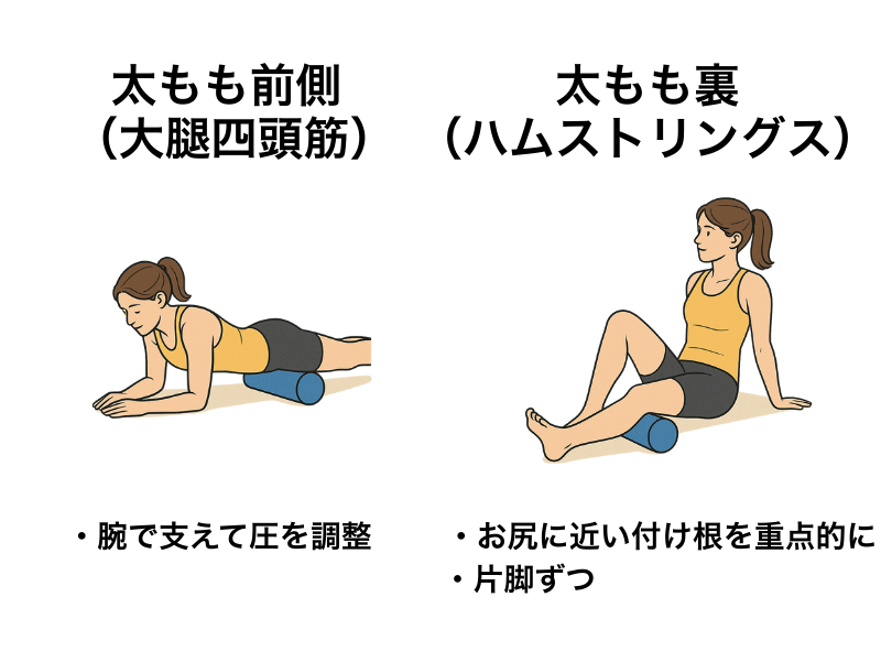 筋膜リリース 太もも 前側（大腿四頭筋）・裏（ハムストリングス）のやり方｜フォームローラー