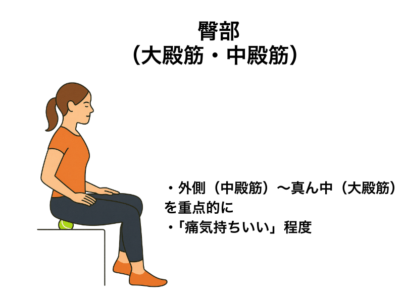 筋膜リリース 臀部（大殿筋・中殿筋） テニスボールでのほぐし方｜お尻の真下にボールを置き体重を乗せる