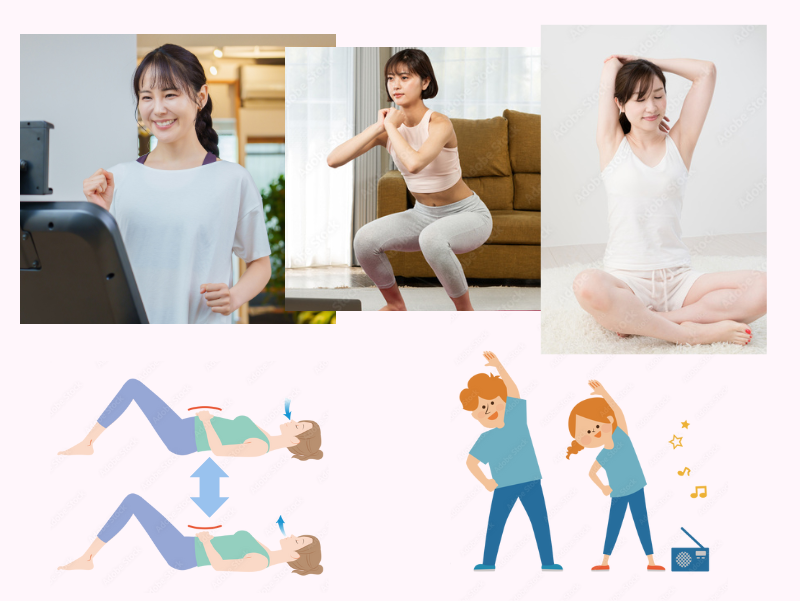 冬におすすめの軽い運動のイメージ（室内ウォーキング・スクワット・ストレッチ・ラジオ体操など）