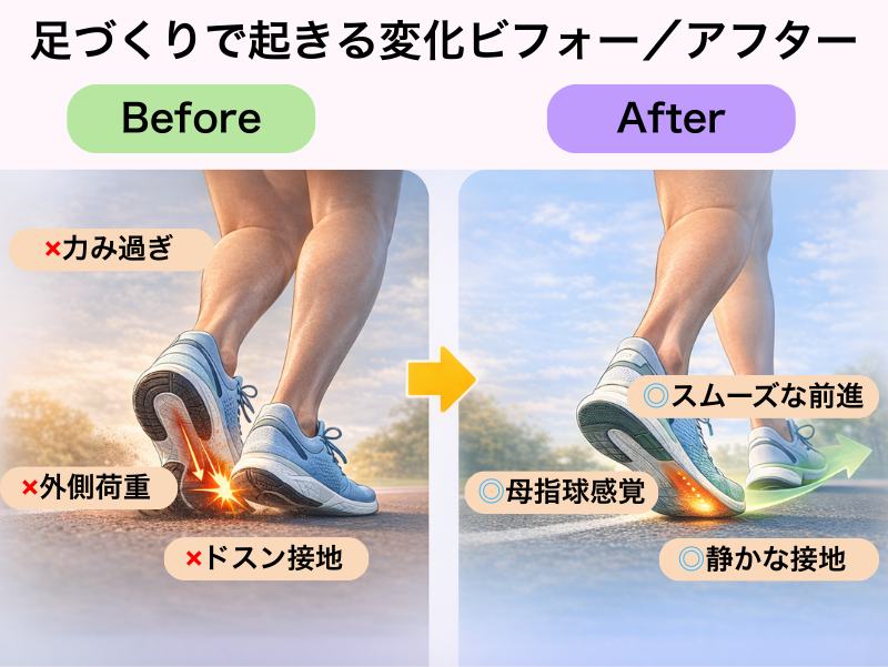 足づくりによる接地の変化｜ドスン接地からスムーズな前進へ