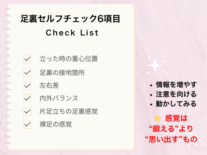 足裏セルフチェック6項目｜重心・接地・左右差・内外バランス