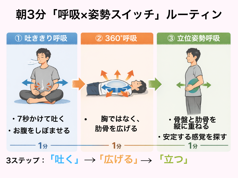 朝3分 呼吸×姿勢スイッチ ルーティン 図解