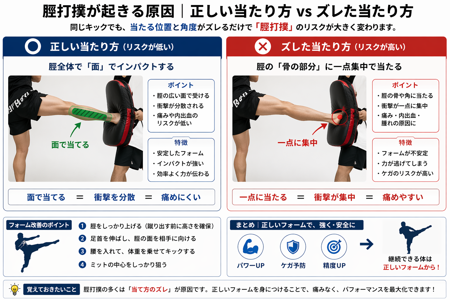 脛打撲が起きる原因｜正しい当たり方とズレた当たり方の比較図解