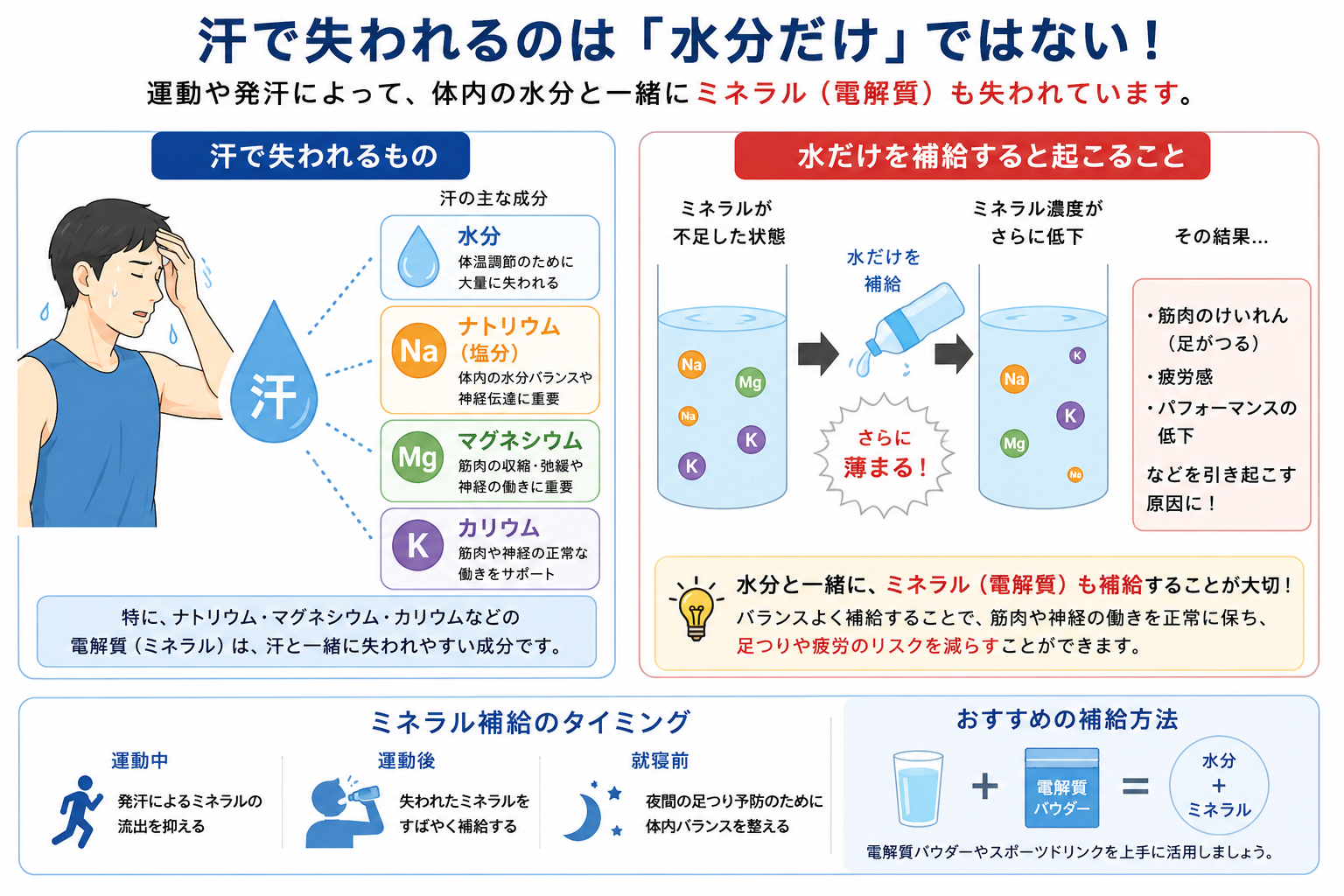 汗で失われる水分とミネラル 電解質不足