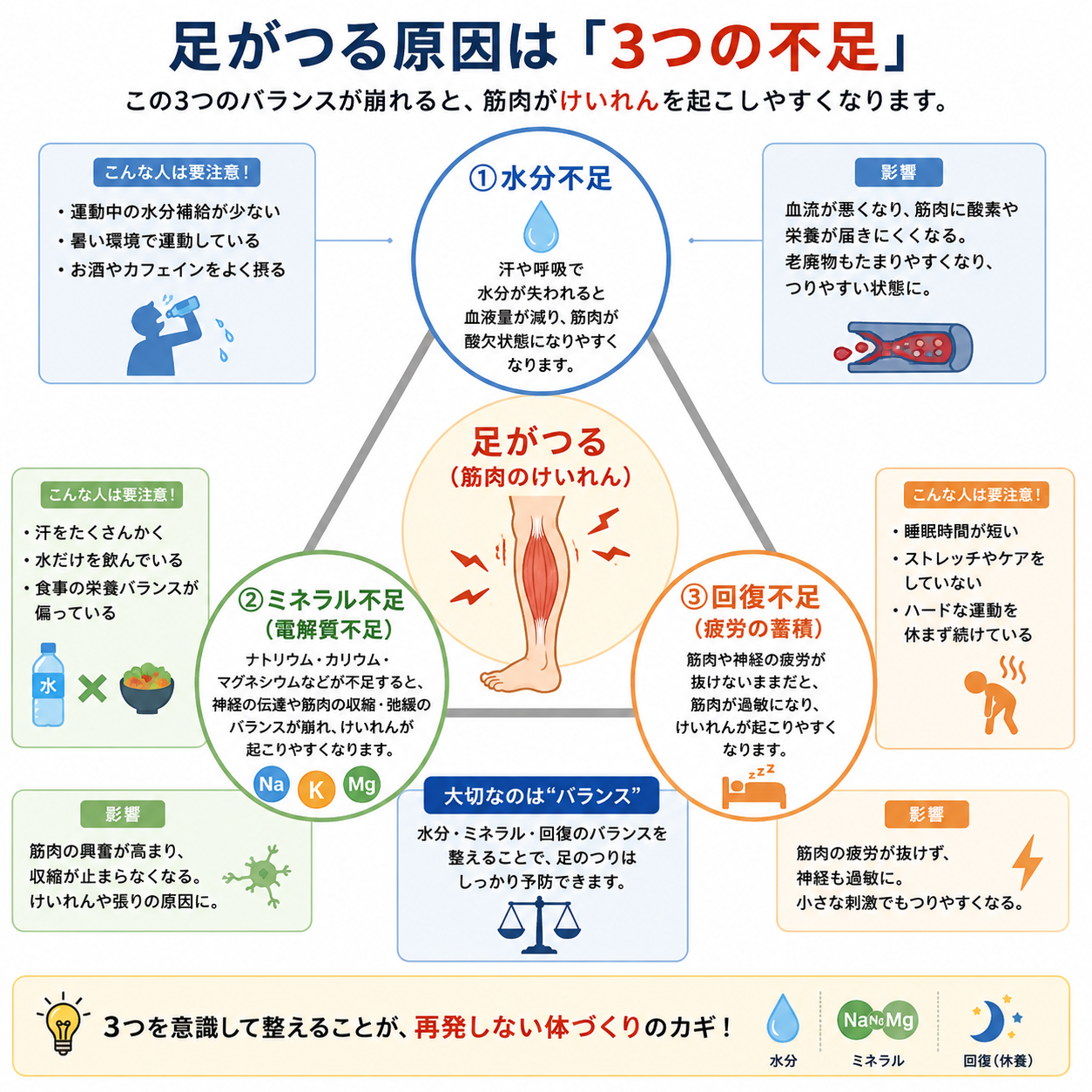 足がつる原因 3つの不足 水分不足 ミネラル不足 回復不足