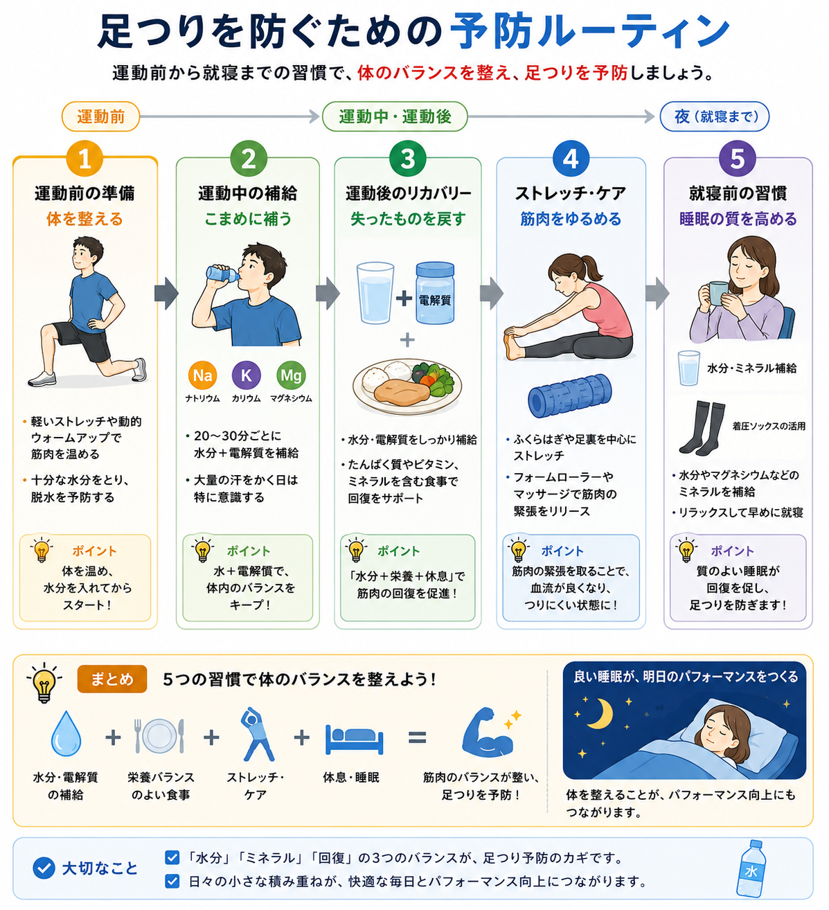 足つりを防ぐ予防ルーティン 水分 ミネラル 回復