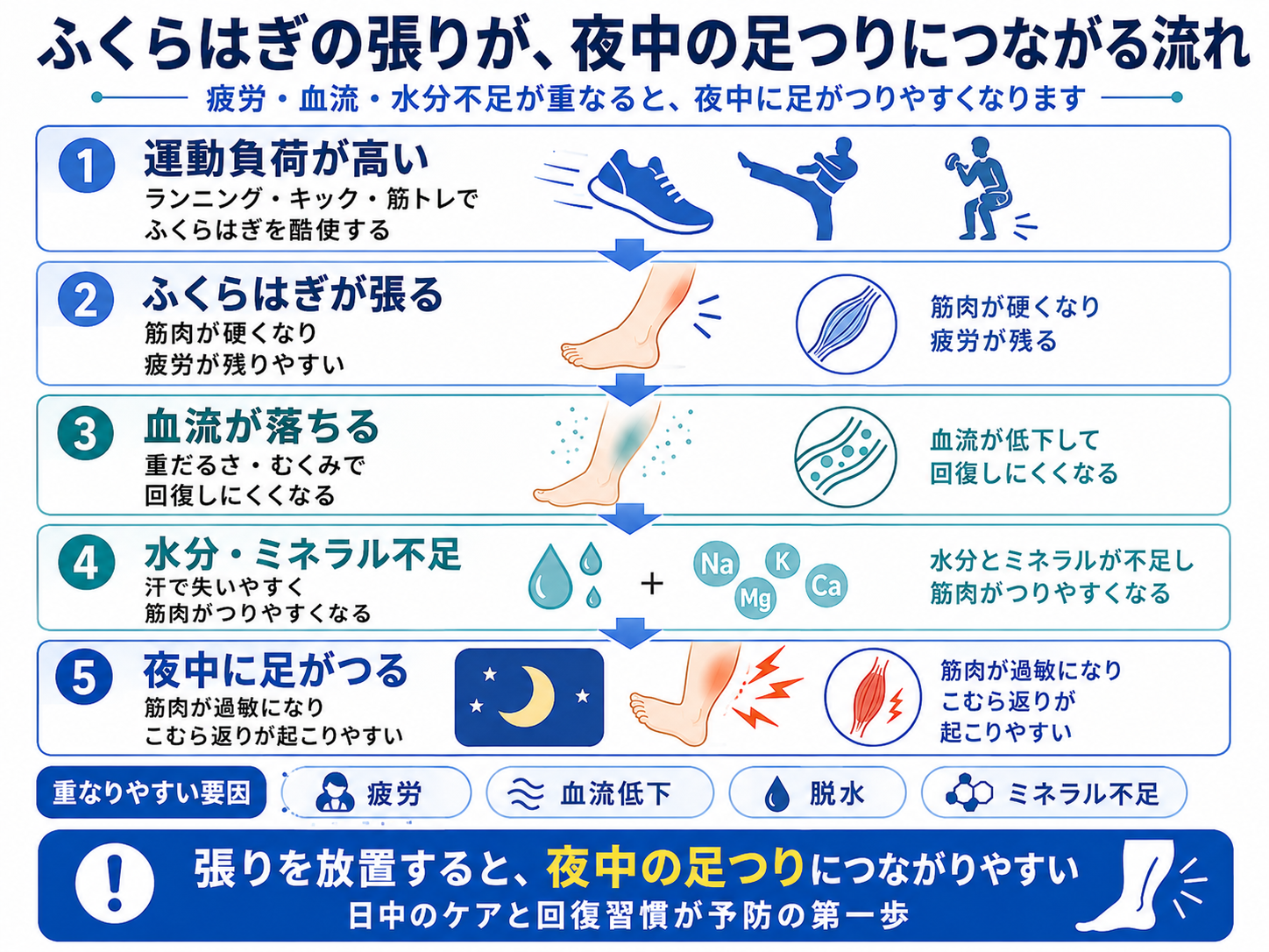 ふくらはぎの張りが夜中の足つりにつながる流れ。運動負荷、ふくらはぎの張り、血流低下、水分ミネラル不足、夜中の足つりまでの流れを示した図解