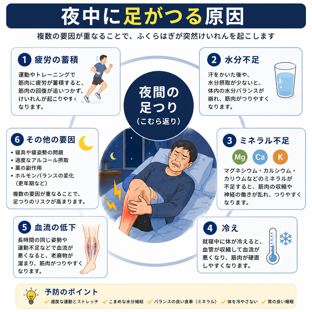 夜中に足がつる原因。疲労蓄積、水分不足、ミネラル不足、冷え、血流低下などを解説した図解