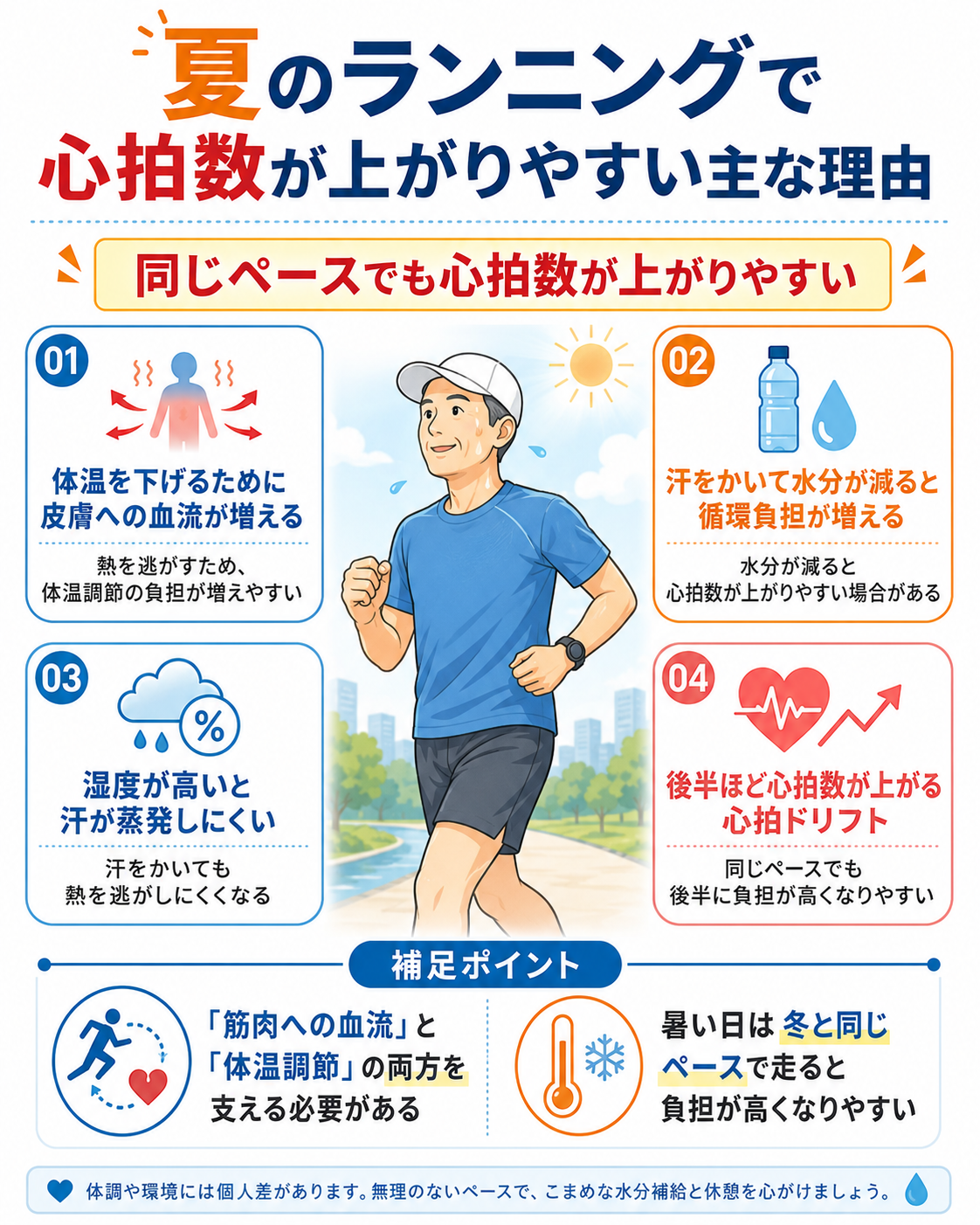 夏のランニングで心拍数が上がりやすい理由を、皮膚への血流、発汗による水分減少、湿度、心拍ドリフトの4項目で説明した図解