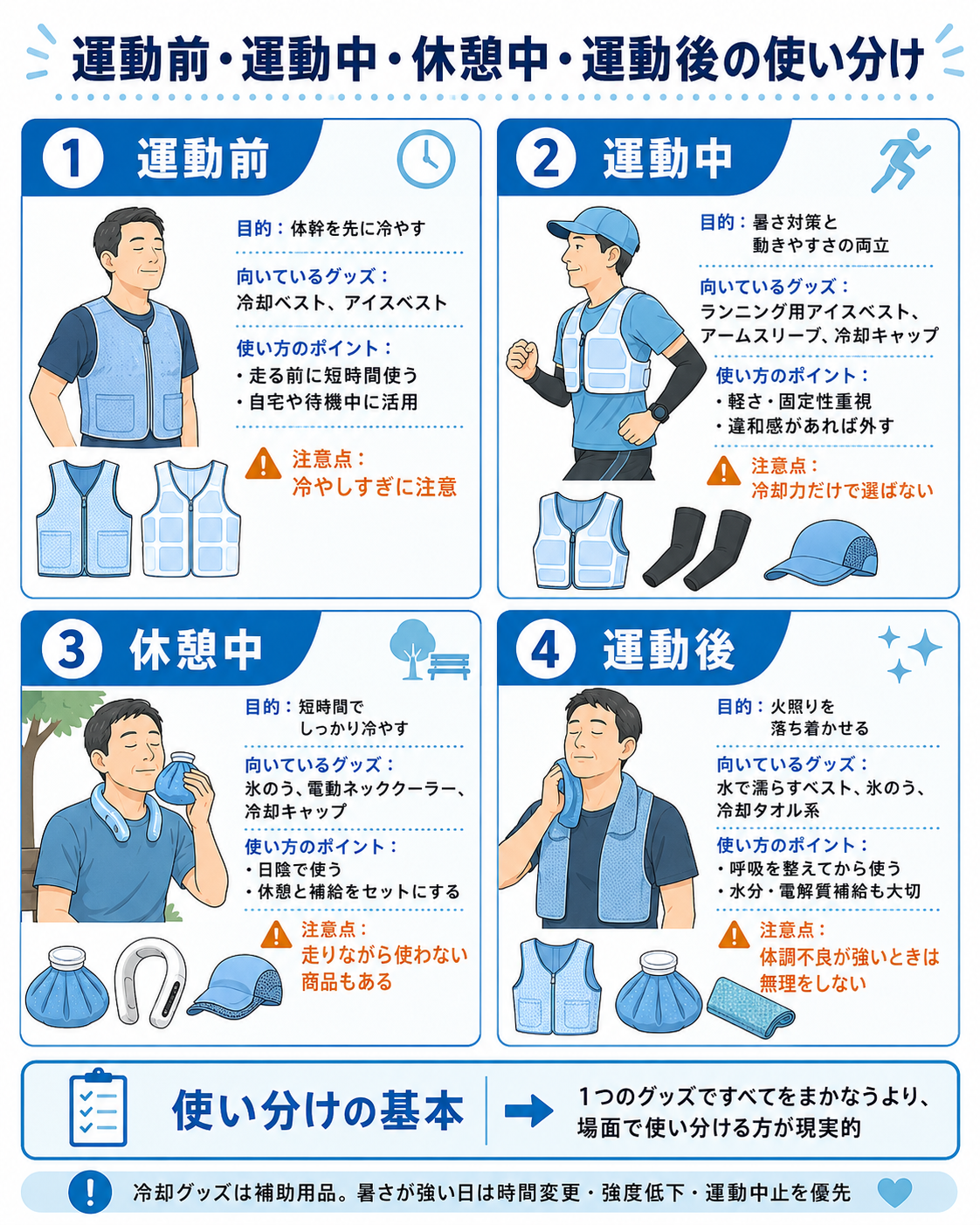運動前、運動中、休憩中、運動後の目的、向いている冷却グッズ、使い方のポイント、注意点をまとめた図解