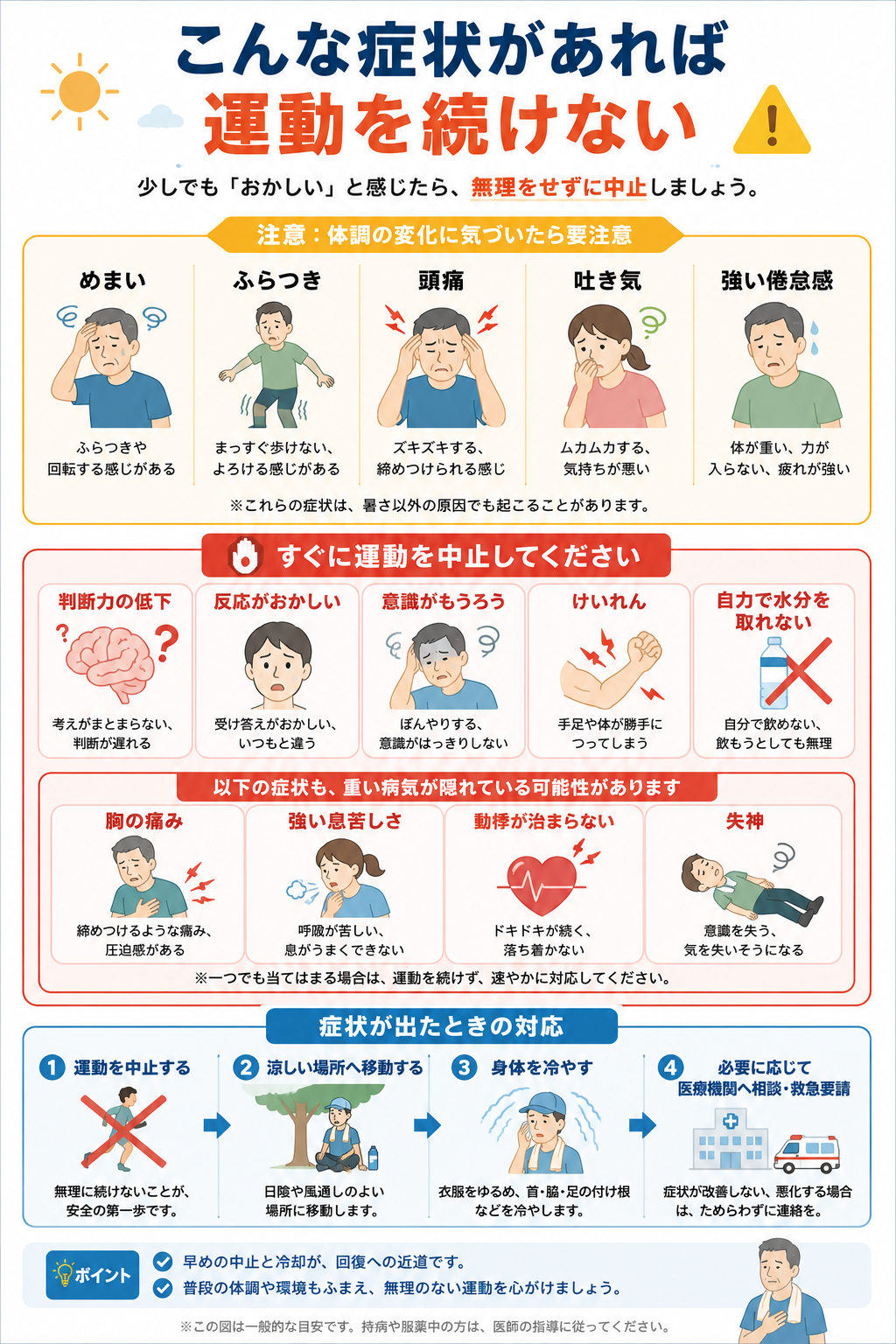 夏の運動中に、めまい、ふらつき、頭痛、吐き気、意識異常、胸痛、強い息苦しさなどがあれば運動を中止し、冷却や医療相談を促す図解