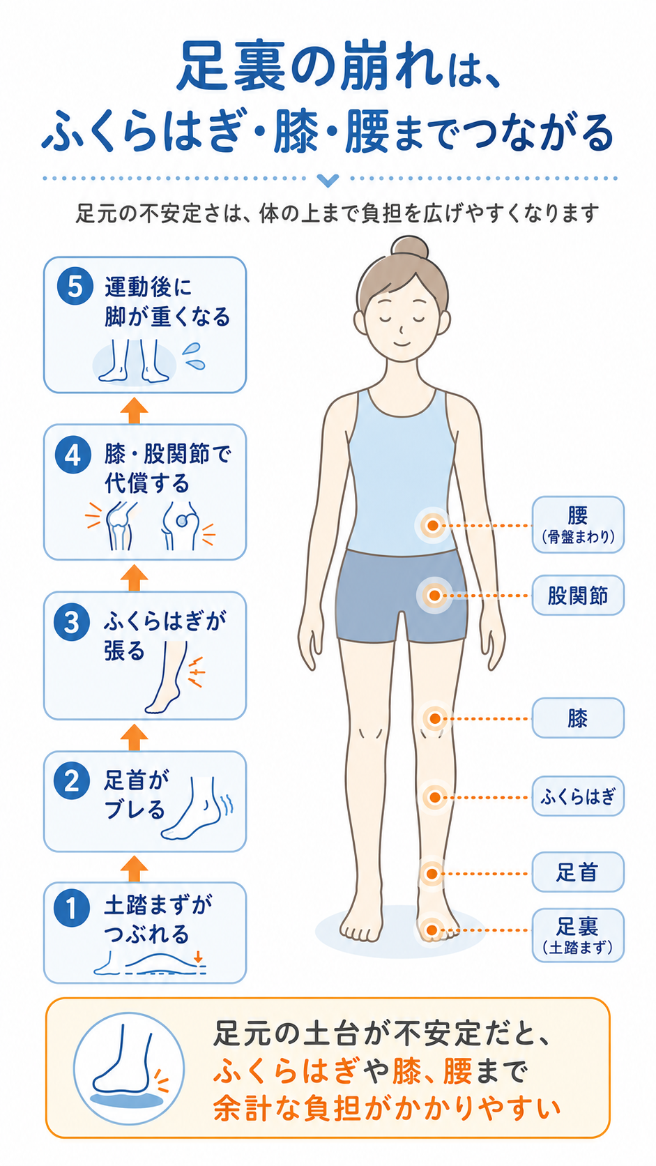 足裏の崩れがふくらはぎ・膝・腰へ影響する流れの図解