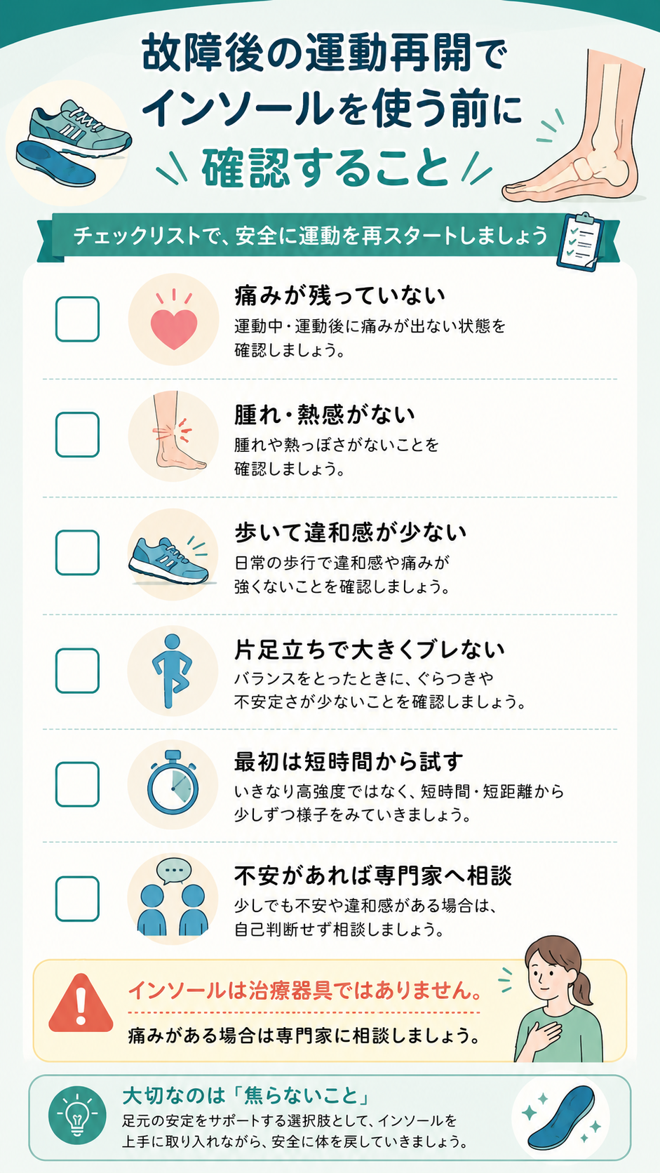 故障後の運動再開でインソールを使う前のチェックリスト図解
