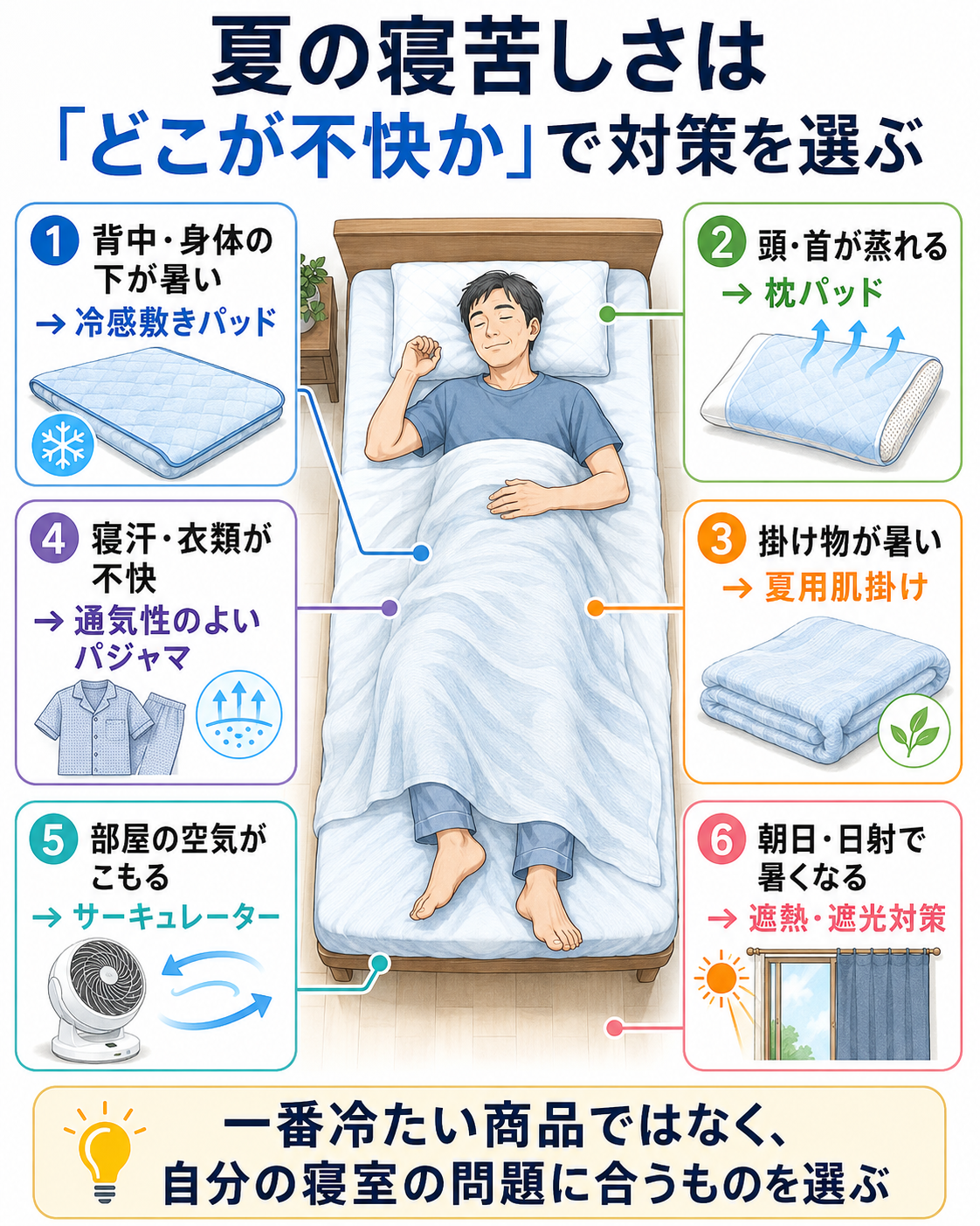 夏の寝苦しさを、背中や身体の下、頭や首、掛け物、寝汗や衣類、空気のこもり、朝日や日射に分け、それぞれに合う睡眠対策グッズを示した図解