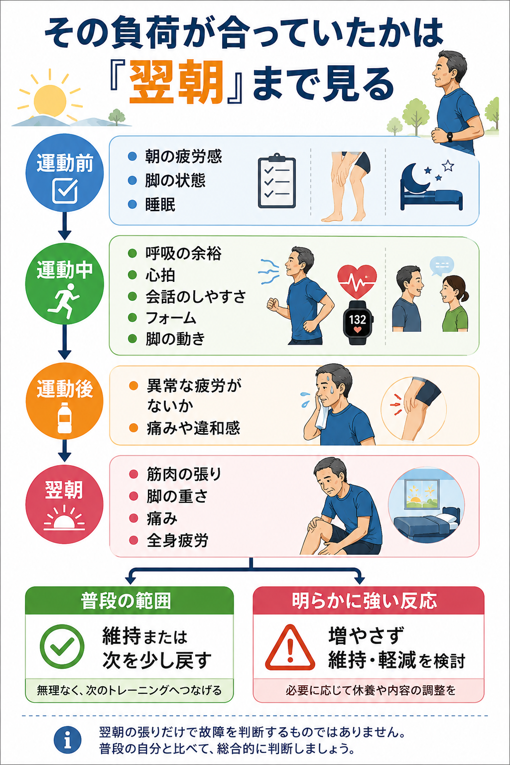 運動前、運動中、運動後、翌朝の順に疲労や脚の状態を確認し、次のランニング負荷を決める流れ