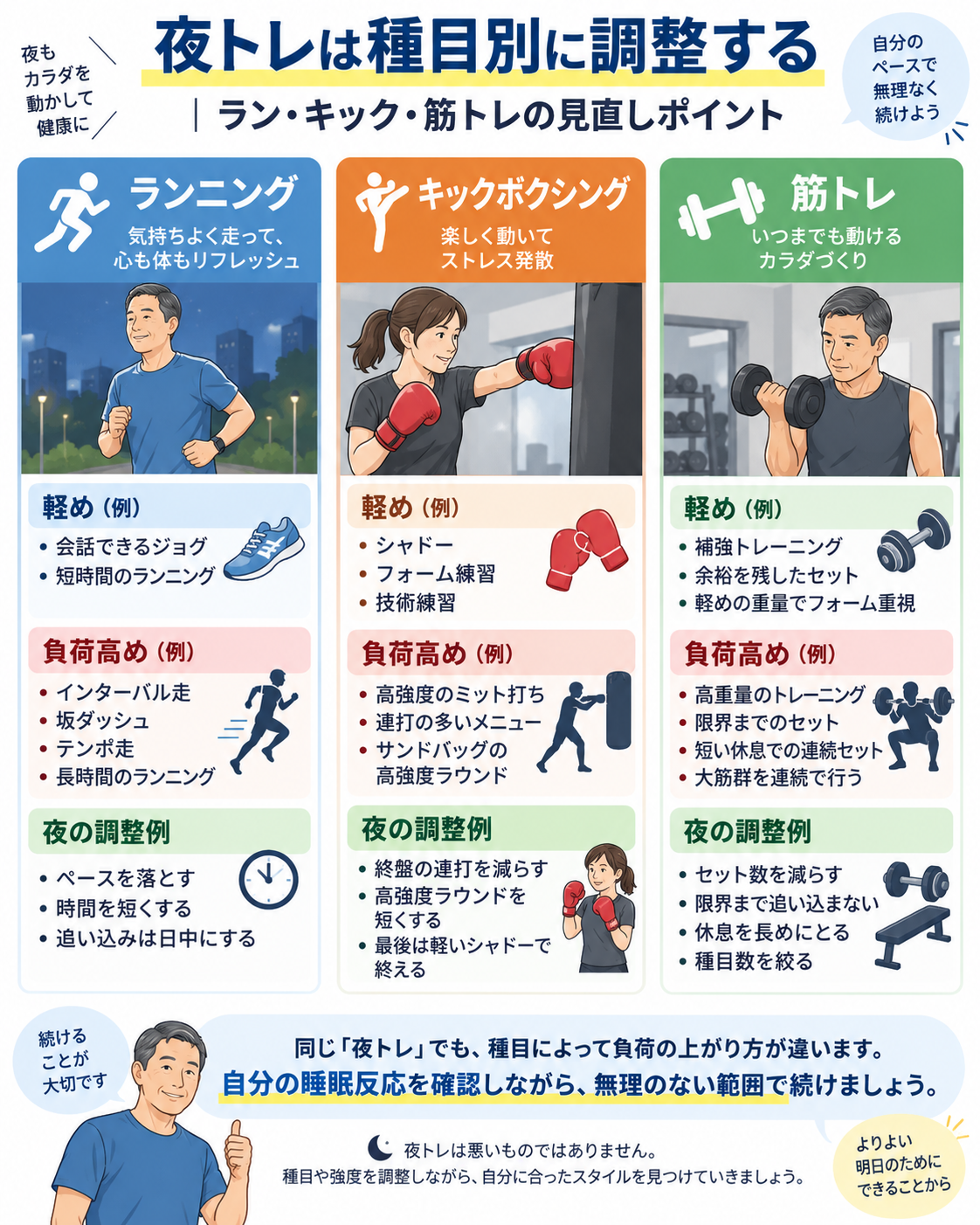 ランニング、キックボクシング、筋トレそれぞれの夜トレで負荷が高くなりやすい内容と調整方法を比較した図解