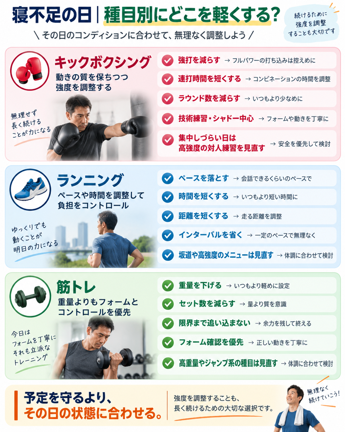寝不足の日のキックボクシング、ランニング、筋トレについて、強打やラウンド数、ペースや距離、重量やセット数などの負荷調整方法を示した図解