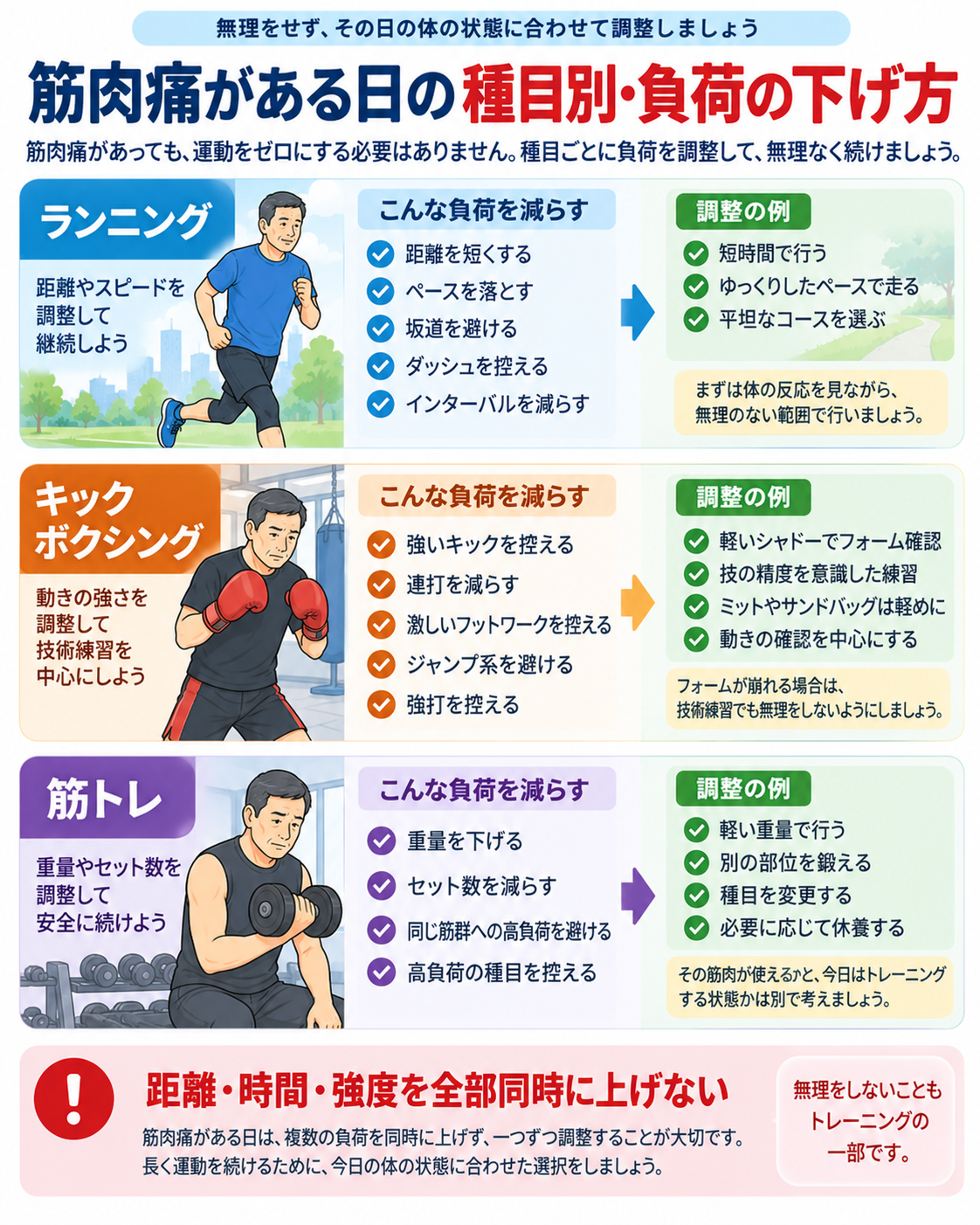 筋肉痛がある日に、ランニング、キックボクシング、筋力トレーニングで負荷を下げる具体例を比較した図解