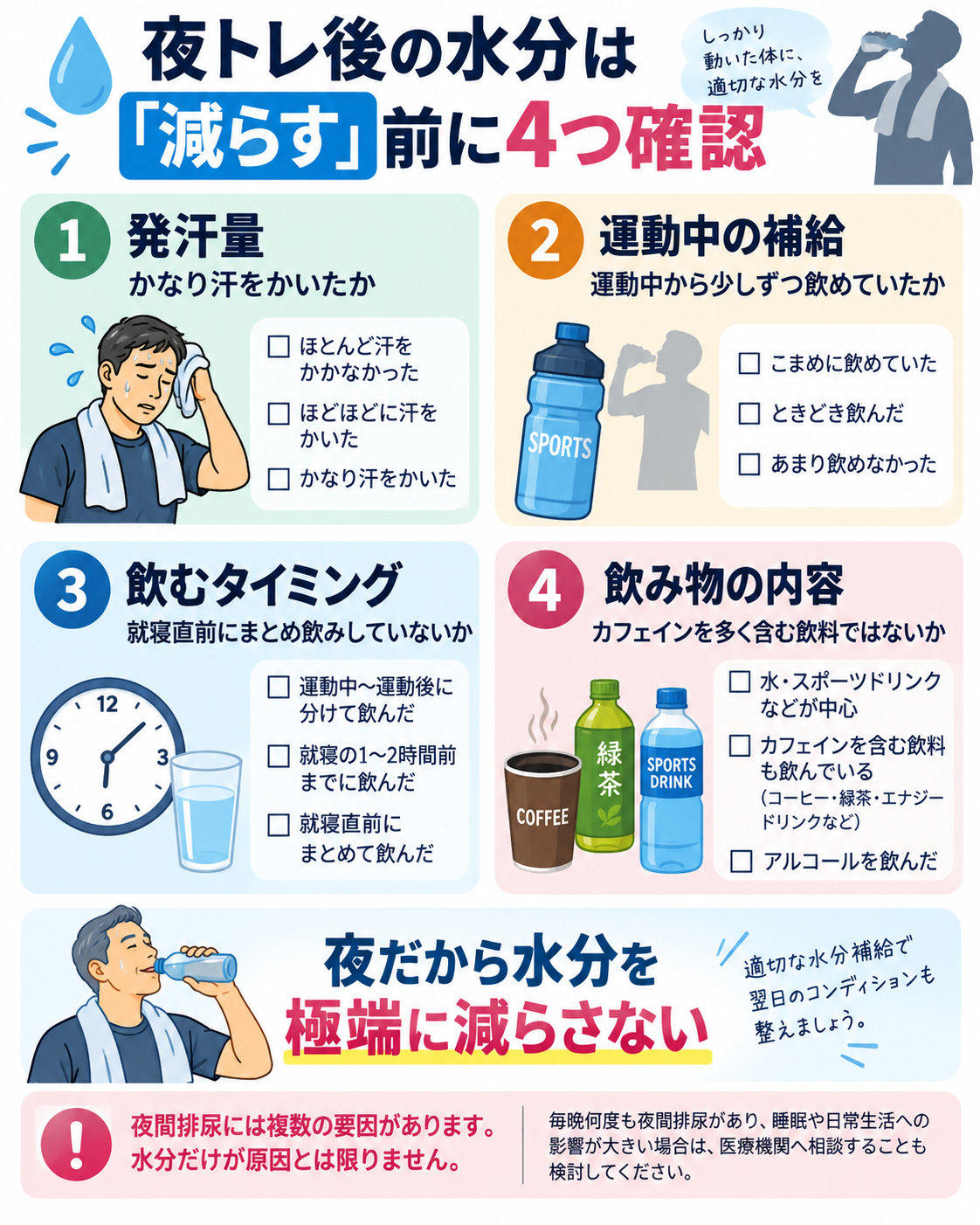 夜トレ後の水分補給について、発汗量、運動中の補給、飲むタイミング、カフェインなど飲み物の内容を確認する4項目の図解