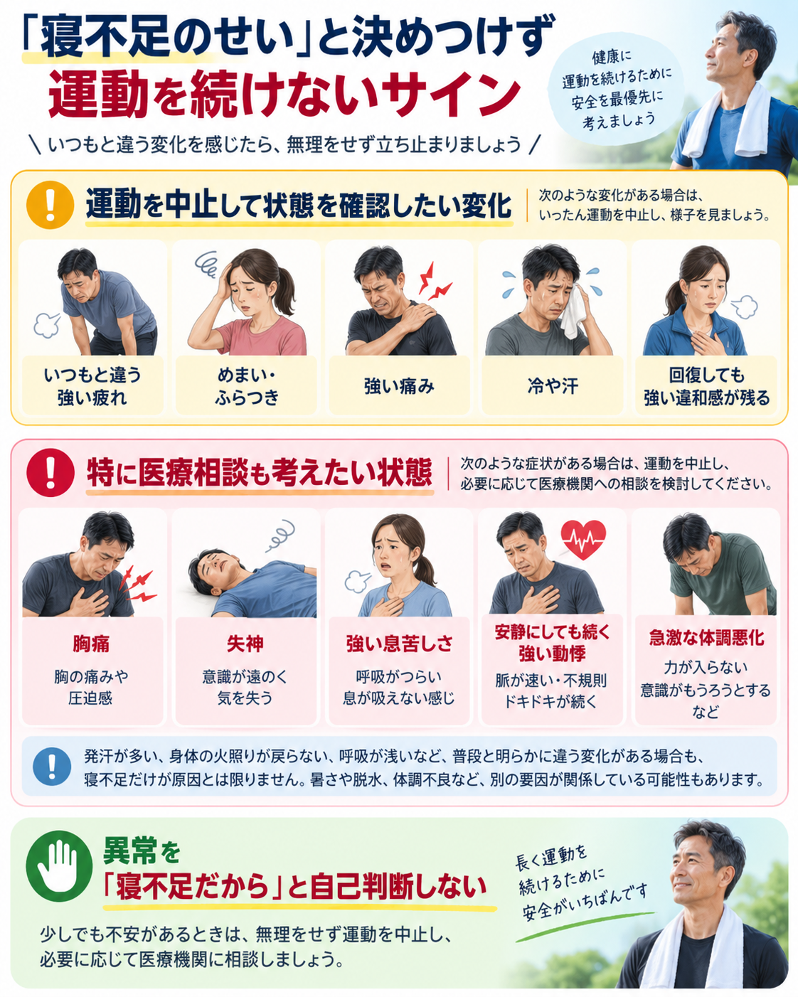 寝不足の日でも胸痛、失神、強い息苦しさ、めまい、強い疲労などを寝不足だけのせいと判断せず、運動中止や医療相談を検討する状態を示した安全図解