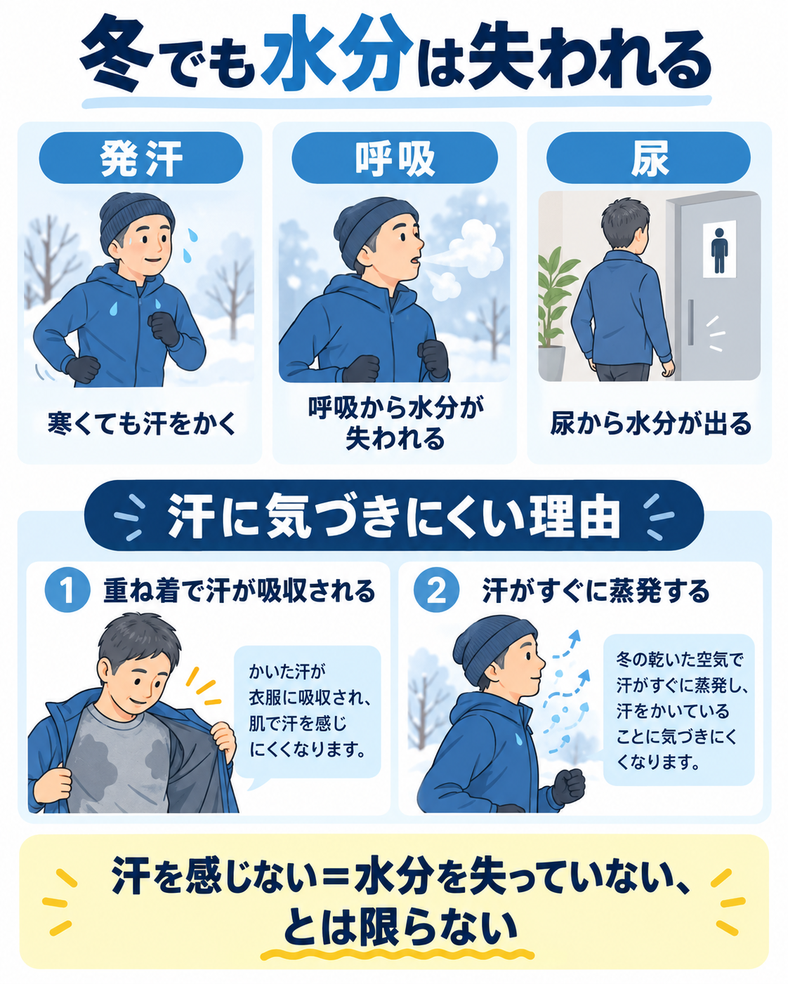 冬の運動中に水分を失う主な経路である発汗・呼吸・尿と、衣服への吸収や汗の蒸発によって発汗を自覚しにくくなる理由を示した図。